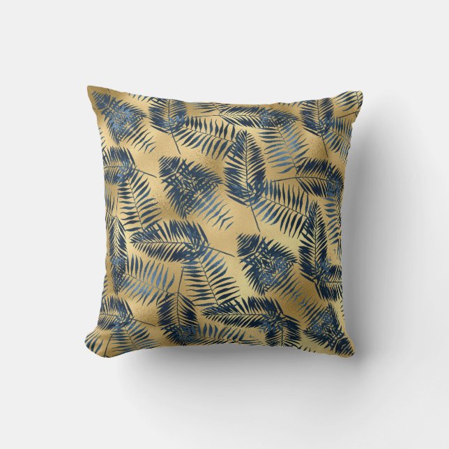 Gold Blue Palm Leaf Throw Pillow  Kudde (Framsida)
