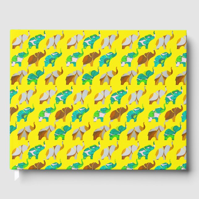 Gold & Blue Retro Elephants Gästböcker (Framsida)