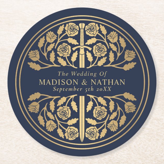 Gold Blue Royal Medieval Sword Wedding Underlägg Papper Rund (Framsidan)