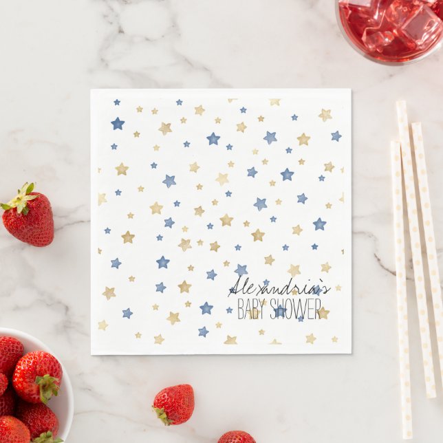 Gold Blue Starlight Stars Personalized Baby Shower Pappersservett (Insitu)