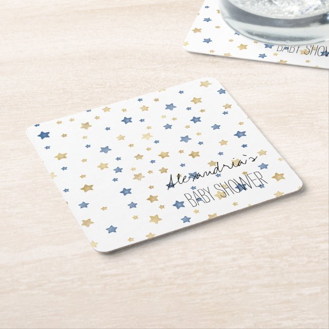 Gold Blue Starlight Stars Personalized Baby Shower Underlägg Papper Kvadrat (Vinklad)