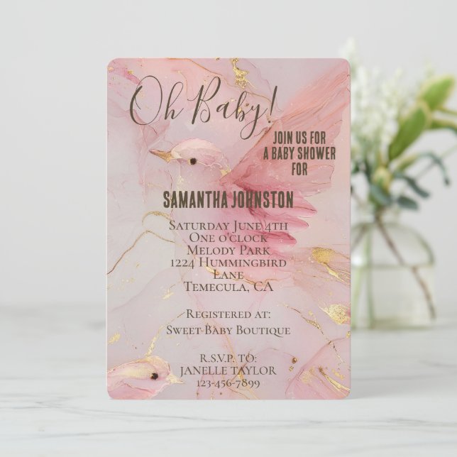 Gold Blush Pink Birds Baby Shower  Inbjudningar (Stående Fram)