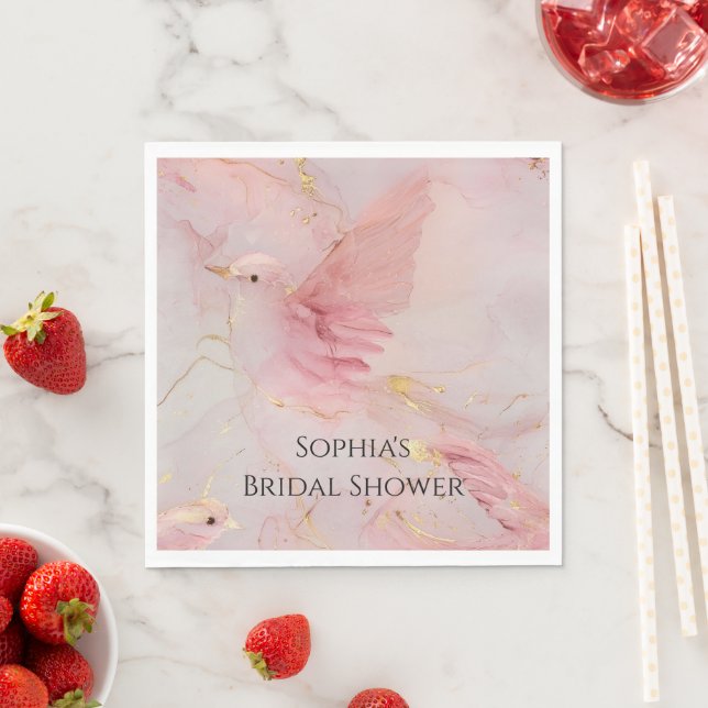 Gold Blush Pink Birds Bridal Shower Pappersservett (Insitu)