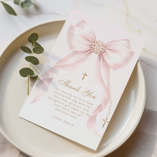Gold Blush Pink Bow Baptism Tack Kort (Skapare uppladdad)