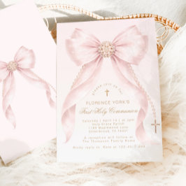 Gold Blush Pink Bow First Holly Communion Inbjudningar