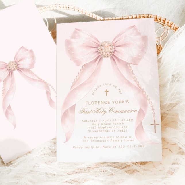 Gold Blush Pink Bow First Holly Communion Inbjudningar (Skapare uppladdad)
