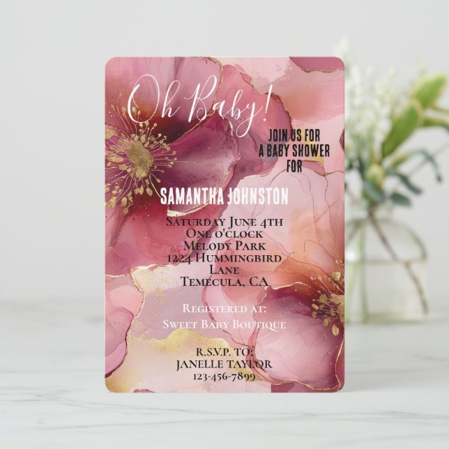 Gold Blush Pink Burgundy Floral Baby Shower  Inbjudningar (Stående Fram)