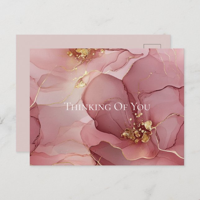 Gold Blush Pink Floral Thinking of you Vykort (Fram/baksida)