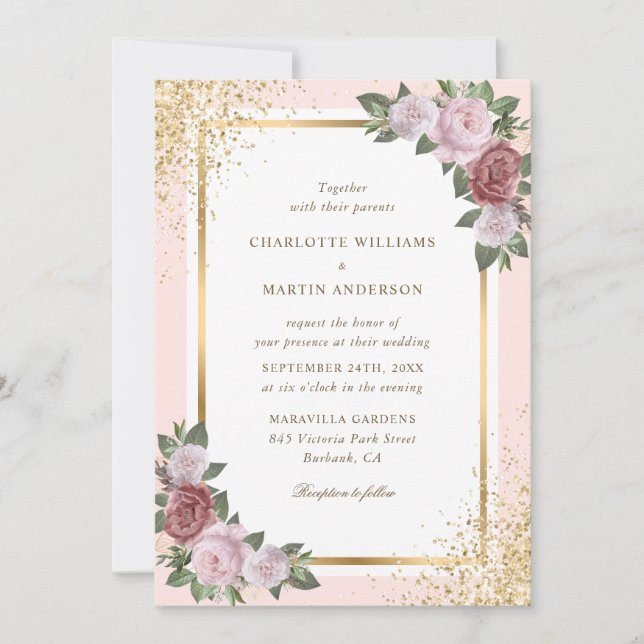 Gold Blush Pink Frame Confetti Floral Wedding Inbjudningar (Framsida)