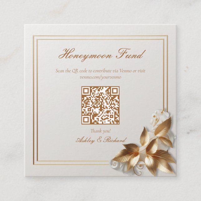 Gold Botanical Wedding Honeymoon Fund QR Code Tilläggskort (Framsida)