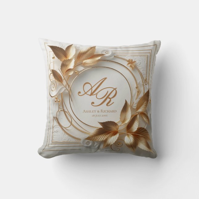 Gold Botanical Wedding Monogram Throw Pillow Kudde (Framsida)
