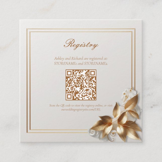 Gold Botanical Wedding Registry QR Code Tilläggskort (Framsida)