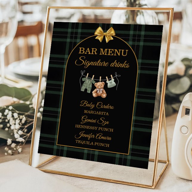 Gold Bow Bear Tartan Baby Shower Bar Menu Poster (Skapare uppladdad)