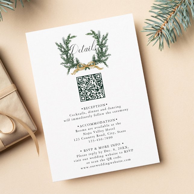 Gold Bow & Evergreen Pine Wreath Wedding Details Tilläggskort (Skapare uppladdad)