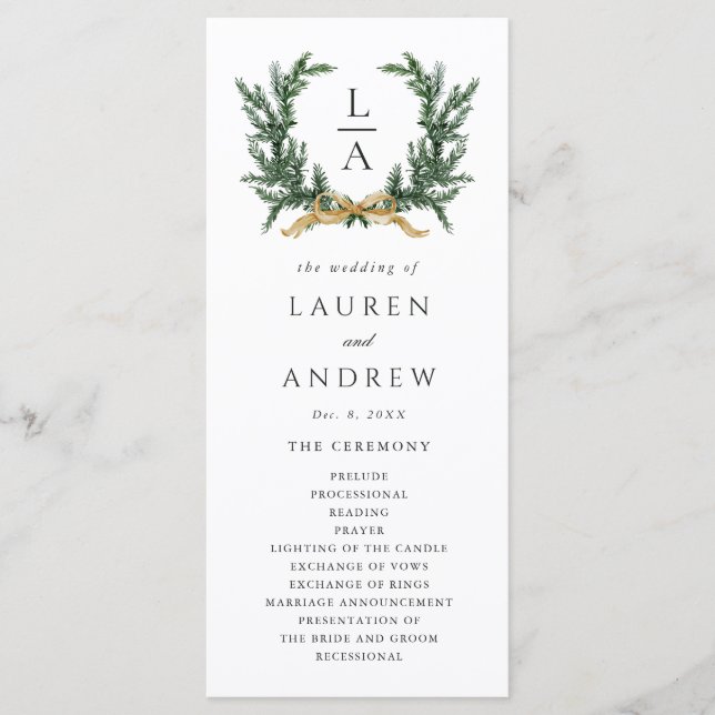 Gold Bow & Green Garland Wedding Ceremony Program (Framsida)