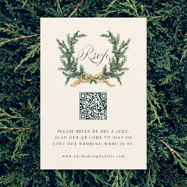 Gold Bow & Green Pine Wreath Wedding QR Code Ivory OSA Kort