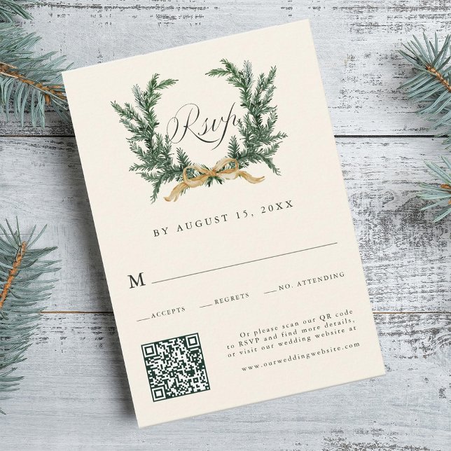 Gold Bow & Green Pine Wreath Wedding QR Code Ivory OSA Kort (Skapare uppladdad)