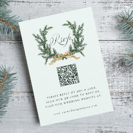 Gold Bow & Green Pine Wreath Wedding QR Code Mint OSA Kort