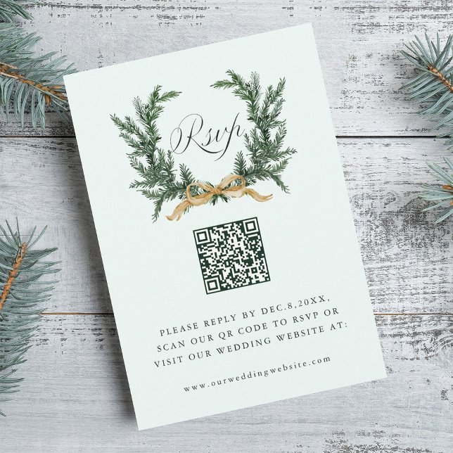 Gold Bow & Green Pine Wreath Wedding QR Code Mint OSA Kort (Skapare uppladdad)