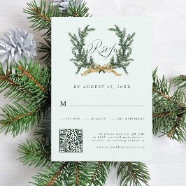 Gold Bow & Green Pine Wreath Wedding QR Code Mint OSA Kort