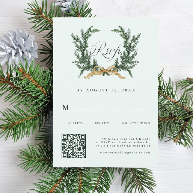 Gold Bow & Green Pine Wreath Wedding QR Code Mint OSA Kort (Skapare uppladdad)