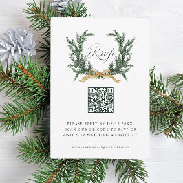 Gold Bow & Green Pine Wreath Wedding QR Code OSA Kort