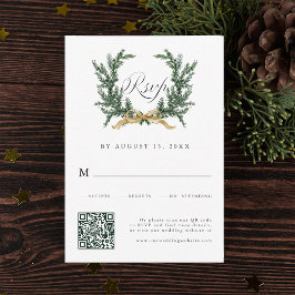 Gold Bow & Green Pine Wreath Wedding QR Code OSA Kort