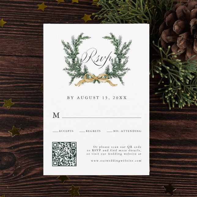 Gold Bow & Green Pine Wreath Wedding QR Code OSA Kort (Skapare uppladdad)