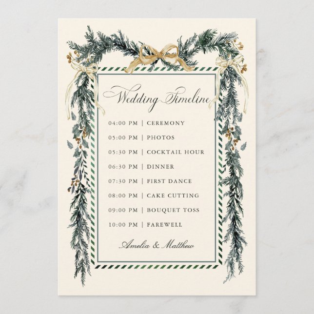 Gold Bow & Greenery Garland Wedding Timeline Ivory Program (Framsida)