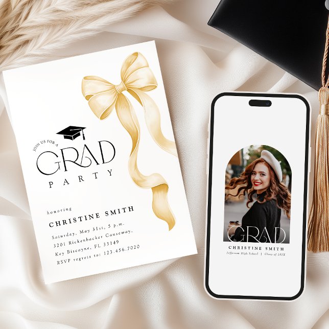 Gold Bow Photo Graduation Party Invitation Inbjudningar (Skapare uppladdad)
