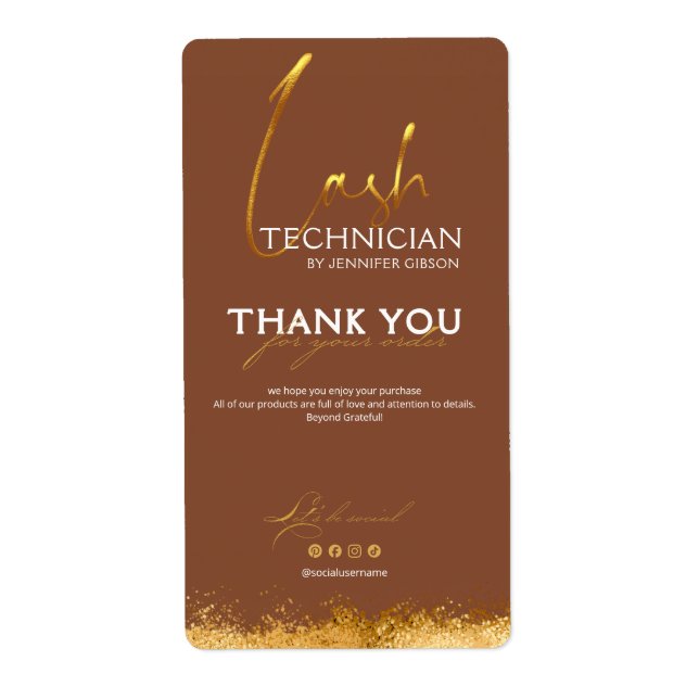 Gold & Brown Lash Tech Seal Label | Luxury Beauty  Fraktsedel (Framsidan)