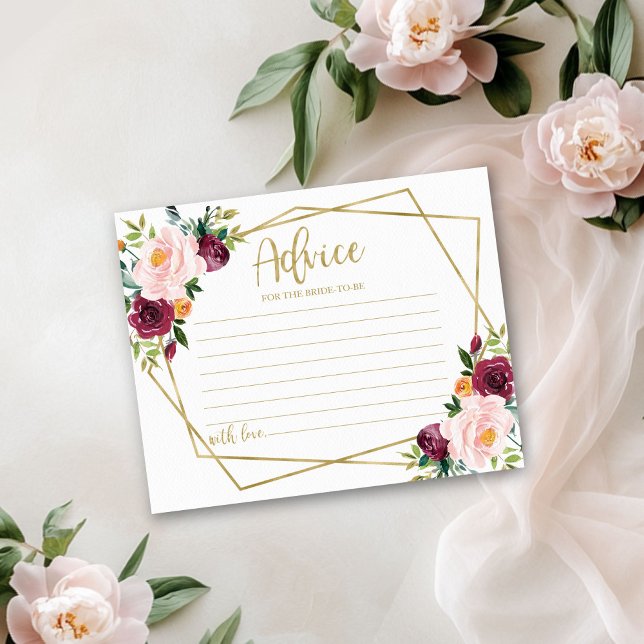 Gold Burgundy Floral Bridal Shower Advice Card Inbjudningar (Skapare uppladdad)