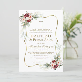 Gold Burgundy Peach Flowers 1st Birthday Baptism Inbjudningar