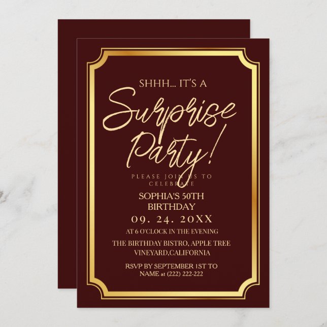 Gold & Burgundy Surprise 50th Birthday Party Inbjudningar (Fram/baksida)
