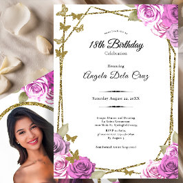 Gold Butterflies Pink Roses 18th Debut Birthday Inbjudningar