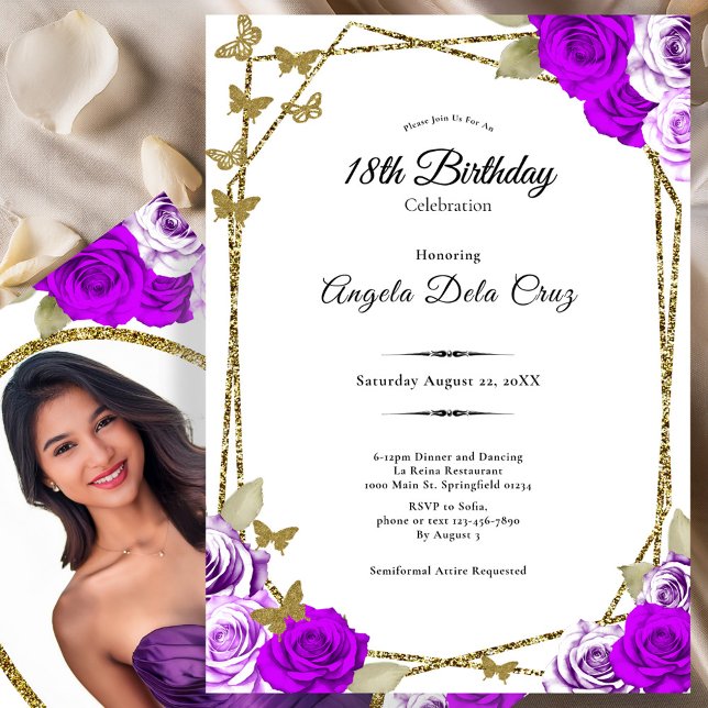Gold Butterflies Purple Roses 18th Debut Birthday Inbjudningar (Skapare uppladdad)