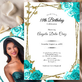 Gold Butterflies Teal Roses 18th Debut Birthday Inbjudningar