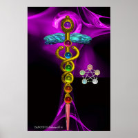 GOLD CADUCEUS AND 7 CHAKRAS IN PURPLE FRACTAL ROSE