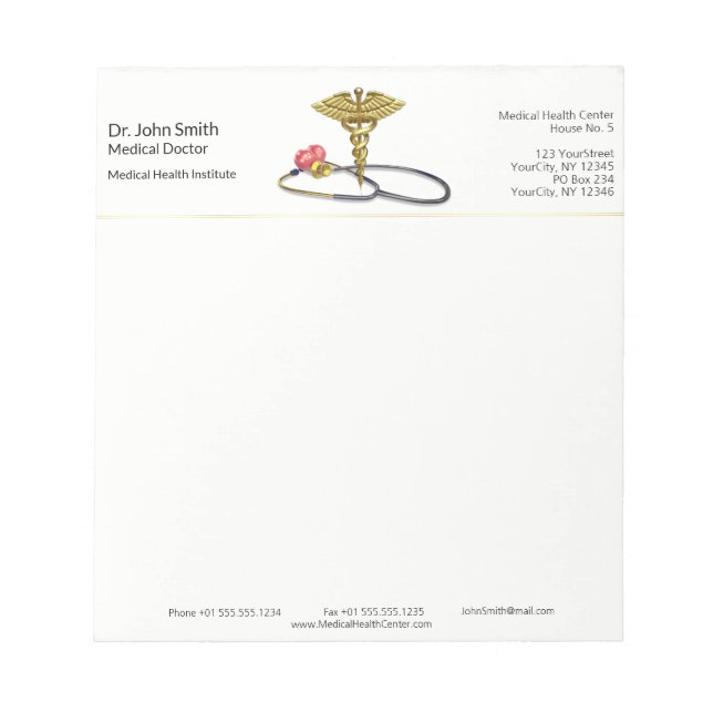 Gold Caduceus & Stethoscope with Heart Medical Anteckningsblock (Framsida)