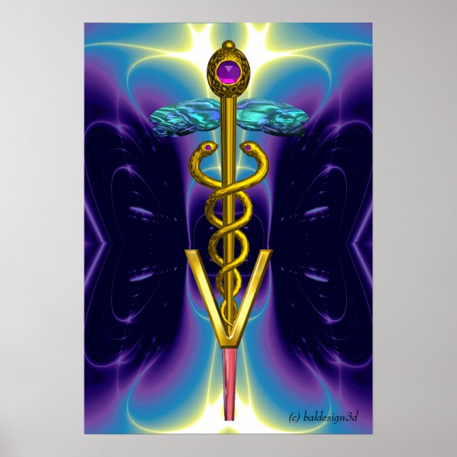 GOLD CADUCEUS VETERINARY SYMBOL Blue Purple Poster (Framsidan)