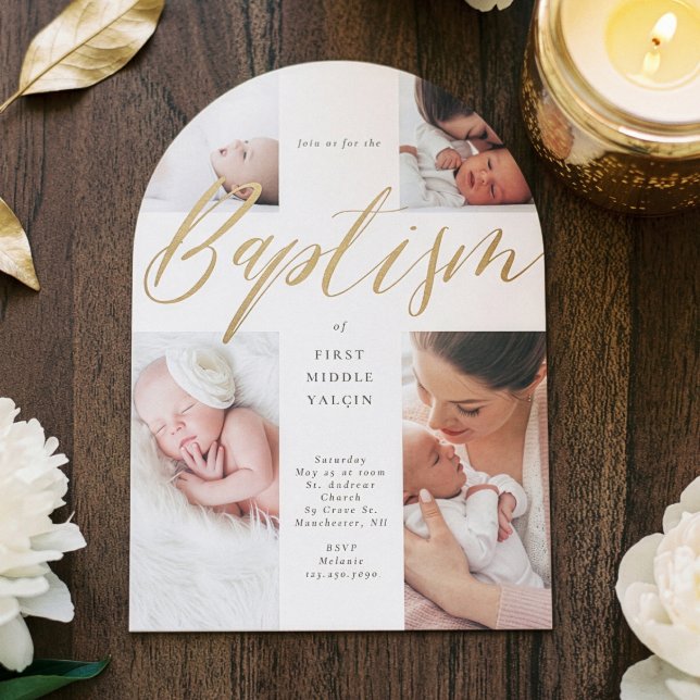 Gold Calligraphy Photo Collage Baby Baptism Cross Inbjudningar (Gold Calligraphy Photo Collage Baby Baptism Cross Invitation)