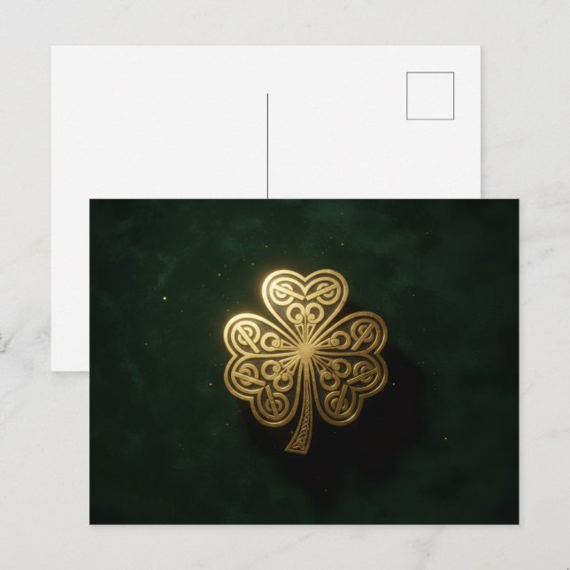 Gold Celtic Shamrock Green Holiday Postcard Helg Vykort (Fram/baksida)