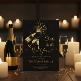 Gold Champagne Cheers New Year Party Invitation Julkort