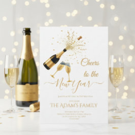 Gold Champagne Cheers New Year Party Invitation Julkort