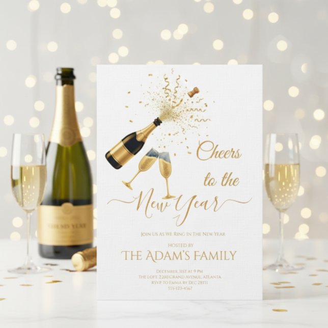  Gold Champagne Cheers New Year Party Invitation Julkort (Skapare uppladdad)