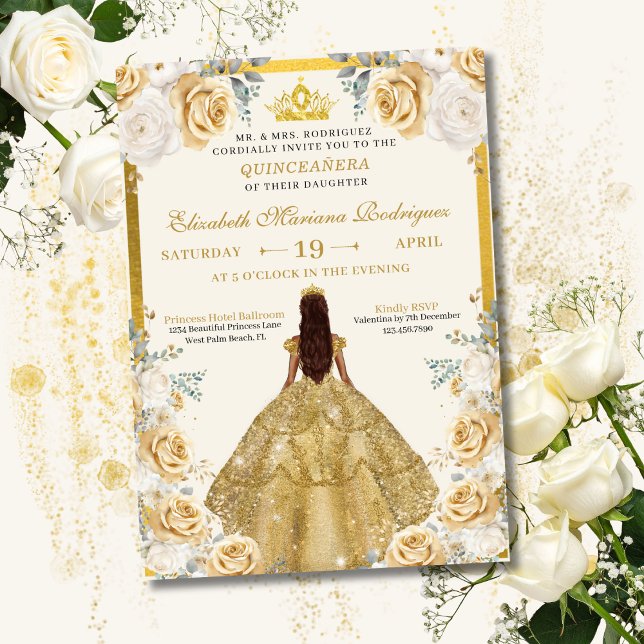 Gold Champagne Dress Tiara Princess Quinceanera Inbjudningar (Skapare uppladdad)