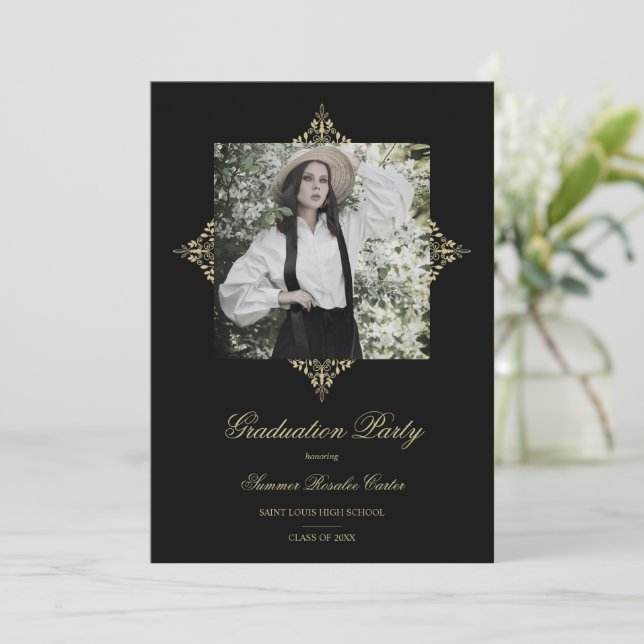 Gold Chic Lace Romantic Photo Graduation Party Inbjudningar (Stående Fram)