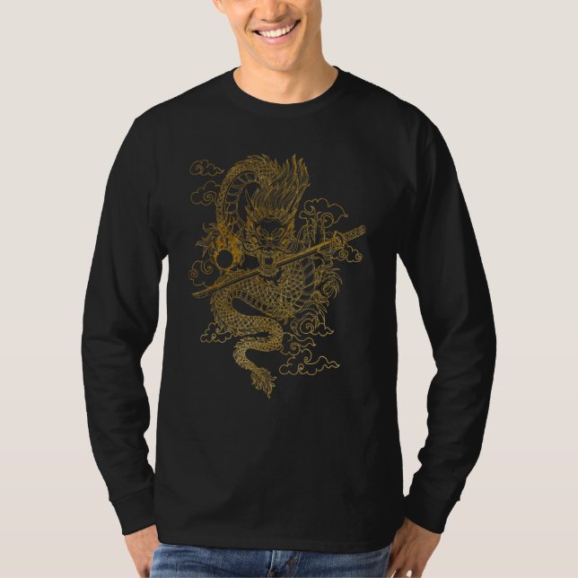 Gold Chinese Dragon with Black Background T Shirt (Framsida)