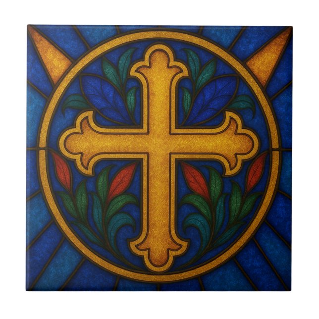 Gold Christian Cross Stained Glass Ceramic Tile Kakelplatta (Framsidan)