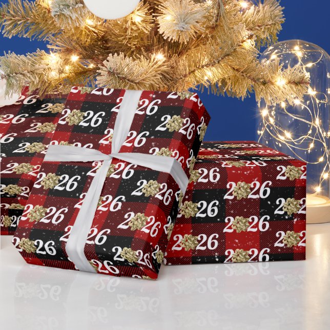 Gold Christmas Bow On Plaid 2026 Presentpapper (Helgdagar)